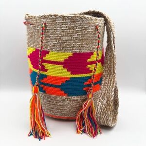 Medium Hand-Woven Wayuu Mochila Crossbody Bag - Neon Boho